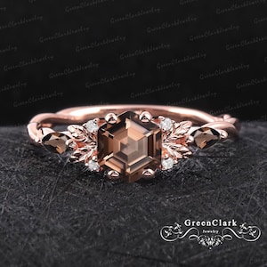 Unique hexagon cut smoky quartz engagement ring Art deco solid 14K rose gold promise ring Nature inspired leaf ring Jewelry gift for women