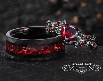 Heart cut garnet Couple&#39;s ring Red garnet men&#39;s wedding ring Art deco wedding band Vintage leaf engagement ring for women Her jewelry gift