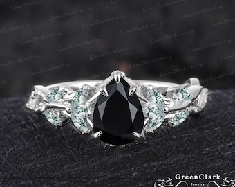 Unique pear cut black onyx engagement ring Art deco solid 14K white gold leaf ring Nature inspired promise ring for women Anniversary gifts