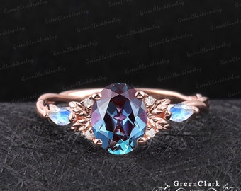 Vintage oval cut alexandrite engagement ring Art deco leaf promise ring Nature inspired rose gold cluster moonstone ring Anniversary gifts