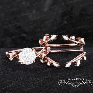 Vintage moissanite engagement ring sets Unique art deco leaf promise ring for wemon Nature inspired solid 14k rose gold diamond bridal sets