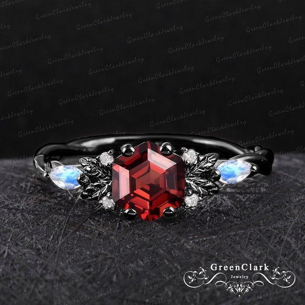 Gothic hexagon cut garnet engagement ring Art deco red gem promise ring Nature inspired 14k black gold leaf ring Anniversary gifts for women