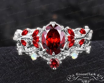 Unique oval cut red garnet engagement ring sets Art deco leaf promise ring Nature inspired 14k white gold bridal sets Handmade jewelry gifts