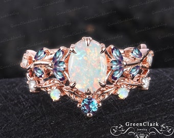 Unique oval cut white opal engagement ring sets Art deco leaf promise ring Nature inspired 14k rose gold bridal sets Jewelry gifts for women