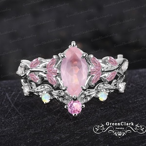 Unique marquise cut rose quartz engagement ring set Art deco solid 14K white gold promise ring Nature inspired leaf bridal set Jewelry gift