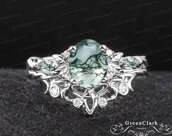 Vintage oval cut moss agate engagement ring sets Art deco leaf promise ring Nature inspired white gold bridal sets Unique Anniversary gifts