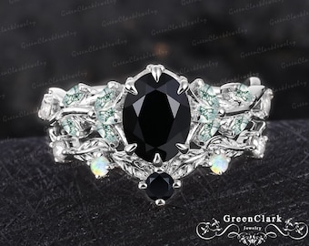 Unique oval cut black onyx engagement ring sets Art deco solid 14K white gold bridal set Nature inspired leaf promise ring Anniversary gifts