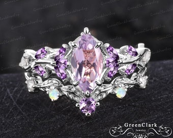 Unique marquise cut lavender amethyst engagement ring set Art deco leaf promise ring Nature inspired 14k white gold bridal sets Jewelry gift