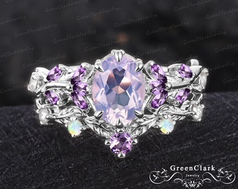 Unique oval cut lavender amethyst engagement ring sets Art deco leaf promise ring Nature inspired 14k white gold bridal sets Jewelry gifts