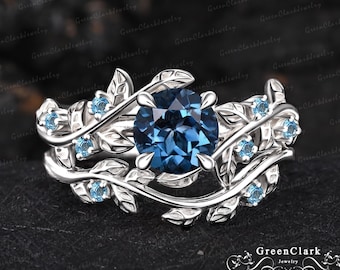 Unieke London Blue topaas verlovingsring set Art deco blauwe edelsteen witgouden belofte ring Natuur geïnspireerd blad bruids set Handgemaakte sieraden