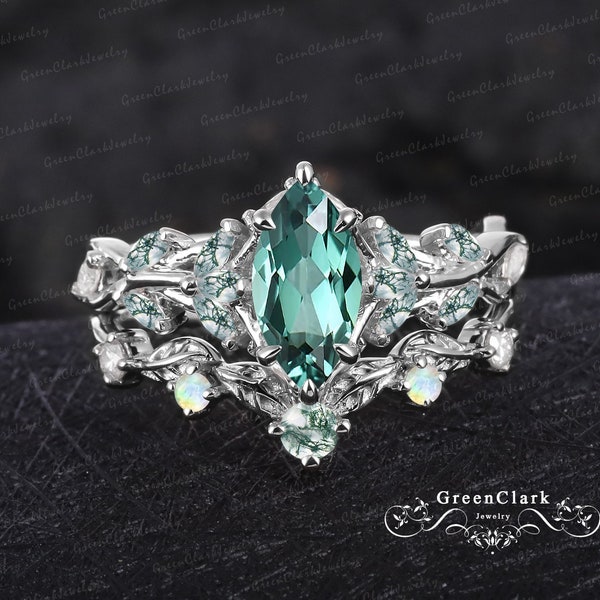 Unique marquise green sapphire engagement ring sets Art deco leaf promise ring Nature inspired solid 14K white gold bridal sets Jewelry gift