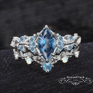 Unique marquise cut London blue topaz engagement ring set Art deco leaf promise ring Nature inspired 14k white gold bridal sets Jewelry gift