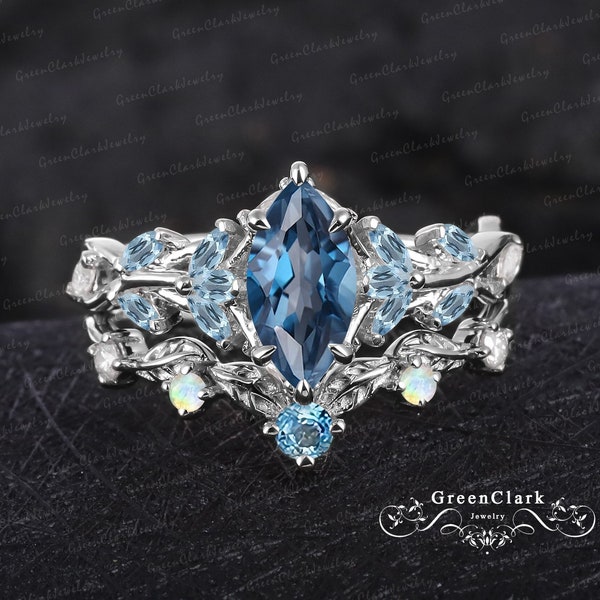 Ensemble unique de bague de fiançailles avec topaze bleue de Londres taille marquise, bague de promesse Art déco en forme de feuille, inspiré de la nature, ensembles de mariée en or blanc 14 carats, cadeau de bijoux