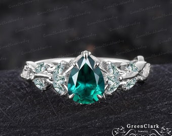 Unique pear shaped emerald engagement ring Art deco promise ring Nature inspired solid 14K white gold leaf ring Anniversary gifts for women