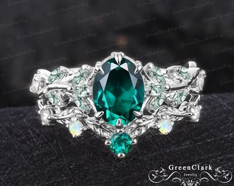 Unique oval cut emerald engagement ring sets Art deco leaf promise ring Nature inspired solid 14K white gold bridal sets Anniversary gifts