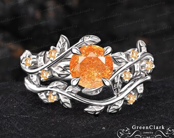 Einzigartige Sunstone Verlobungsring Set Art-Deco-Orange Edelstein Weißgold Versprechen Ring Natur inspiriert Blatt-Braut-Set Frauen handgemachter Schmuck