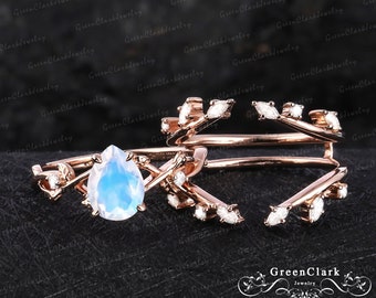 Vintage pear shaped moonstone engagement ring sets Unique art deco leaf promise ring Nature inspired 14k 18k rose gold bridal sets for women