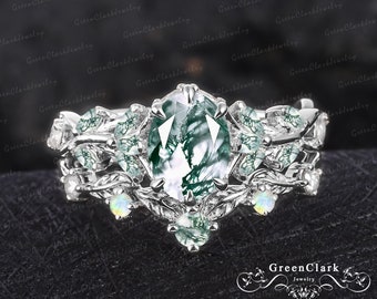 Vintage oval cut moss agate engagement ring sets Art deco leaf promise ring Nature inspired white gold bridal sets Unique Anniversary gifts