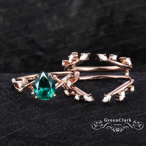 Conjuntos de anillos de compromiso vintage con esmeralda en forma de pera. Anillo de promesa con hojas art déco únicas. Conjuntos nupciales de oro rosa sólido de 14 k inspirados en la naturaleza para mujeres.