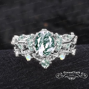 Vintage oval cut moss agate engagement ring sets Art deco leaf promise ring Nature inspired white gold bridal sets Unique Anniversary gifts