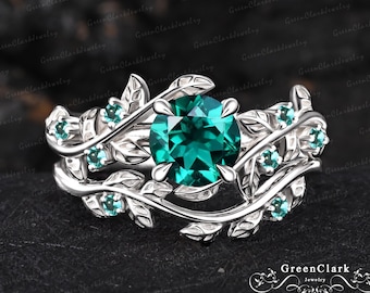 Unique emerald engagement ring set Art deco 14K white gold promise ring Nature inspired leaf ring Green gemstone bridal set Handmade jewelry
