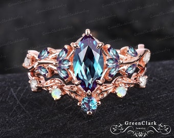 Conjuntos únicos de anillos de compromiso de alejandrita de corte marquesa Anillo de promesa de hoja Art Déco Inspirado en la naturaleza Conjuntos nupciales de oro rosa de 14k Regalo de joyería para mujeres