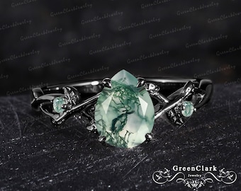 Gothic pear shaped moss agate engagement ring Unique solid 14k black gold leaf ring Nature inspired art deco promise ring Gifts for women