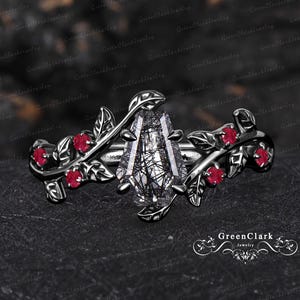 Gothic Coffin cut black rutilated quartz engagement ring Art deco black gold promise ring Nature inspired leaf ring Handmade jewelry gift