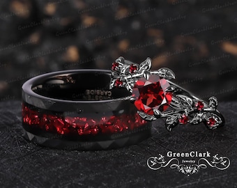 Round cut garnet Couple&#39;s ring Red garnet men&#39;s wedding ring Art deco wedding band Vintage leaf engagement ring for women Her Jewelry gift