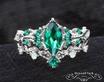Unique marquise emerald engagement ring sets Art deco leaf promise ring Nature inspired solid 14K white gold bridal sets Anniversary gifts