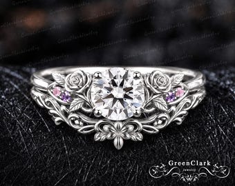 Unique moissanite leaf engagement ring set Solid 14K white gold diamond bridal set Nature inspired rose flower promise ring Handmade jewelry