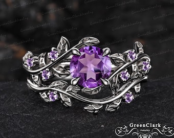 Gothic amethyst engagement ring set Unique purple gemstone black gold promise ring Nature inspired art deco leaf bridal set Handmade jewelry