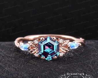 Vintage Hexagon cut Alexandrit Verlobungsring Art Deco Blatt Versprechen Ring Natur inspiriert Rose Gold Cluster Mondstein Ring Jahrestagsgeschenk