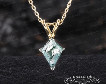 Einzigartige drachengrüne Moosachat-Halskette, massiver 14-karätiger Gold-Solitär-Anhänger, personalisierte Edelstein-Halskette für Frauen, handgefertigter Schmuck, Geschenk für Frau