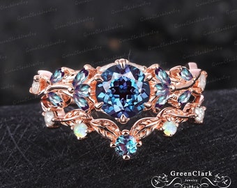 Unique alexandrite engagement ring sets Art deco leaf promise ring Nature inspired 14k rose gold bridal sets Handmade jewelry gift for women