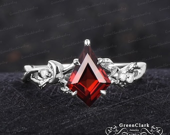 Unique kite cut garnet engagement ring Art deco solid 14K white gold promise ring Nature inspired moon leaf ring Anniversary gifts for women