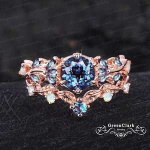 Unique alexandrite engagement ring sets Art deco leaf promise ring Nature inspired 14k rose gold bridal sets Handmade jewelry gift for women