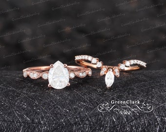 Moissanite engagement ring sets Art deco pear cut promise ring 14k 18k solid rose gold Vintage diamond bridal sets Unique Anniversary gifts