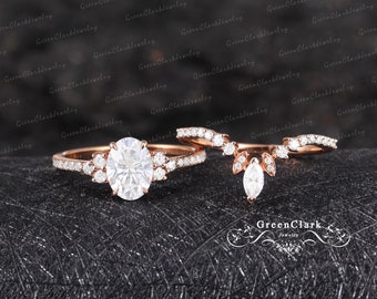Moissanite engagement ring sets Art deco oval cut promise ring 14k 18k solid rose gold Vintage diamond bridal sets Unique Anniversary gifts
