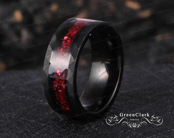 Red garnet men&#39;s wedding ring Art deco gemstone men&#39;s wedding band Men&#39;s Black Tungsten engagement ring for him Jewelry gift for boyfriend