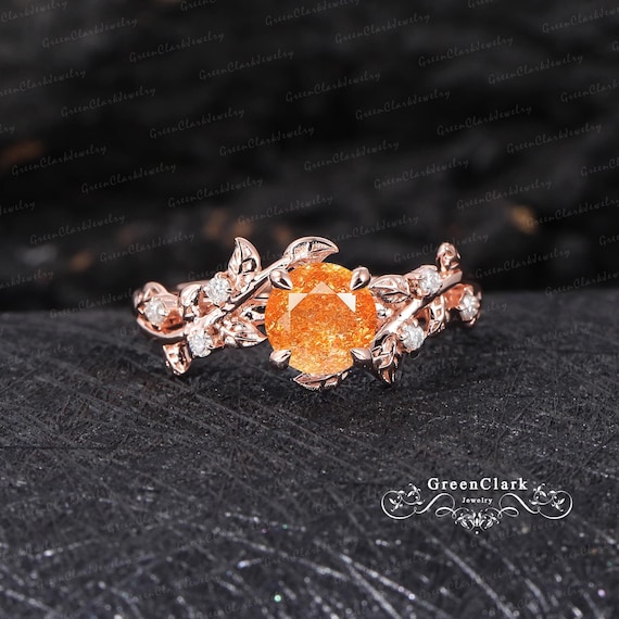 Unique Sunstone Engagement Ring Art Deco Solid 14k Rose Gold