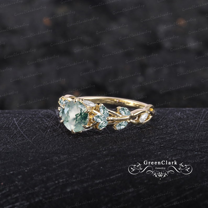 Vintage moss agate engagement ring Solid 14K white gold promise ring Nature inspired art deco leaf ring Unique Anniversary gifts for women image 10