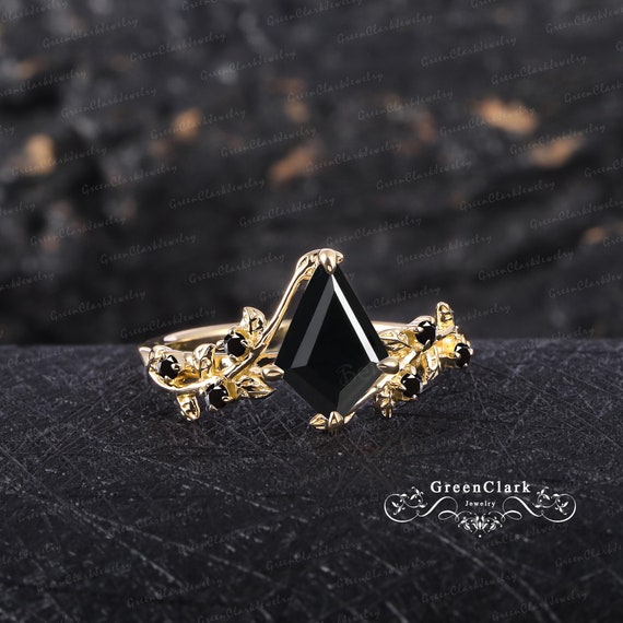 Vintage Kite Cut Black Onyx Engagement Ring Solid 14k White
