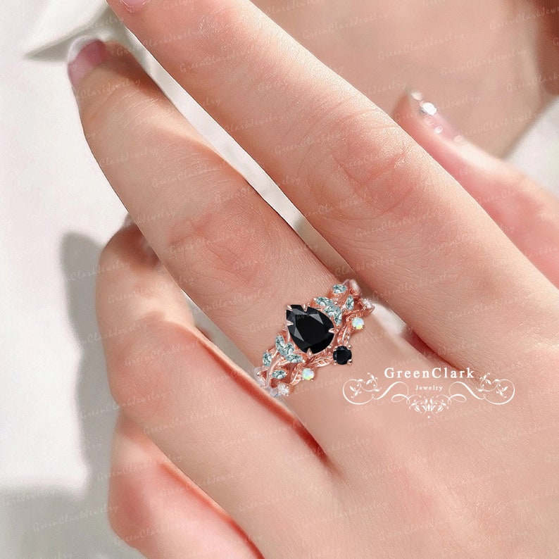 Unique pear cut black onyx engagement ring sets Art deco solid 14K white gold promise ring Nature inspired leaf bridal set Anniversary gifts image 4