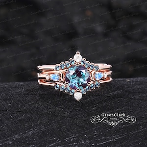 Unique alexandrite engagement ring Art deco five stones promise ring Vintage solid 14K 18K rose gold wedding Ring for women June birthstone 3pcs bridal sets