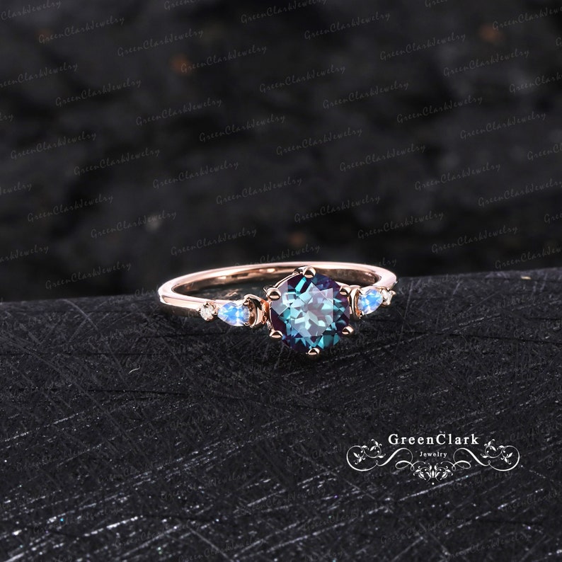 Unique alexandrite engagement ring Art deco five stones promise ring Vintage solid 14K 18K rose gold wedding Ring for women June birthstone image 1