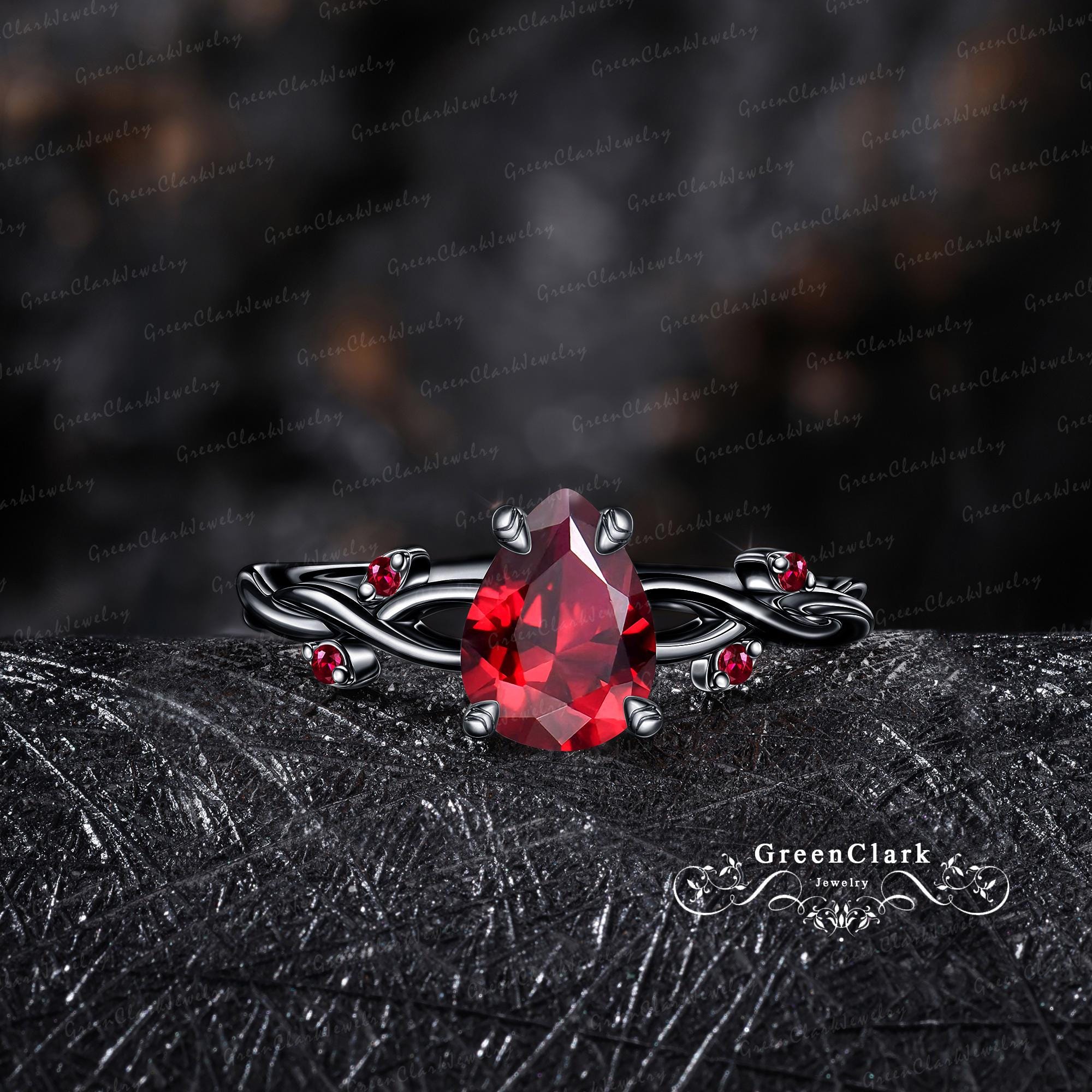 Gothic pear cut ruby engagement ring Art Deco black gold twist promise ring Nature inspired red gemstone leaf ring Unique handmade jewelry