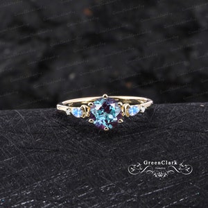 Unique alexandrite engagement ring Art deco five stones promise ring Vintage solid 14K 18K rose gold wedding Ring for women June birthstone image 7