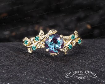 Vintage Alexandrite Engagement Ring Art Deco Leaf Silver Promise