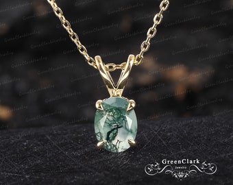 Unique oval green moss agate necklace Solid 14k gold solitaire pendant Women personalized gemstone necklace Handmade jewelry gift for wife